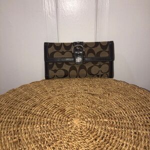Coach Brown and Tan Signature Canvas Wallet with Buckle Trim